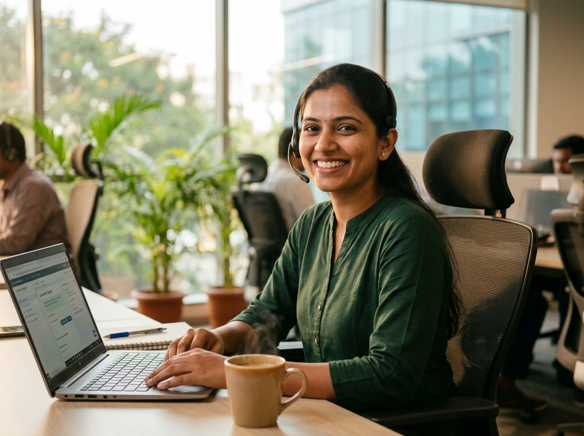 DigAI friendly customer support specialist at desk in Bengaluru